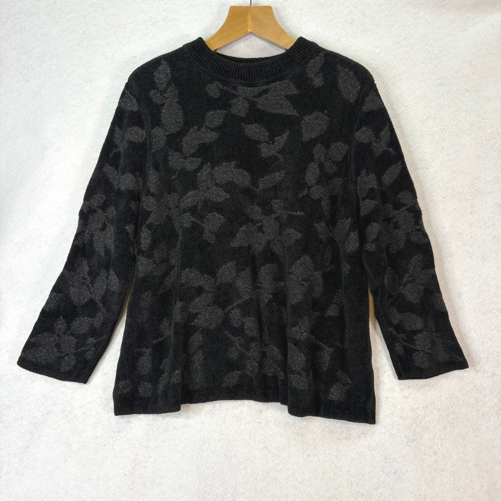 J. Jill Black Jacquard Knit Leaves Chenille Sweater Womens 2X Dark Academia Cozy